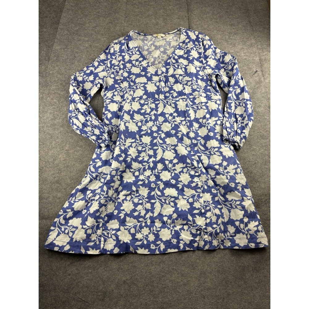 Boden 100% Linen Womens 18L Blue Floral V Neck Dress Long Sleeve Travel Pockets